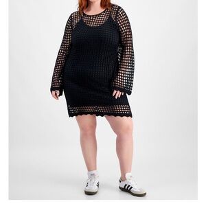 Black crochet dress with flared sleeves and scalloped trim -